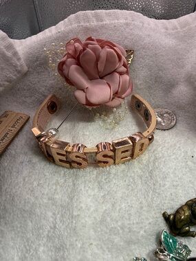 “Blesses” Rose Gold Letter Leather Cuff Bracelet -  Pink stick pin floral rose